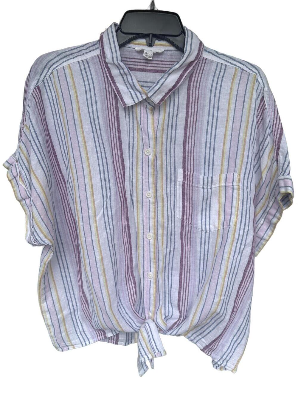Beachlunchlounge Women's Linen Blend  Striped Button-Up Shirt with Tie Front -XL